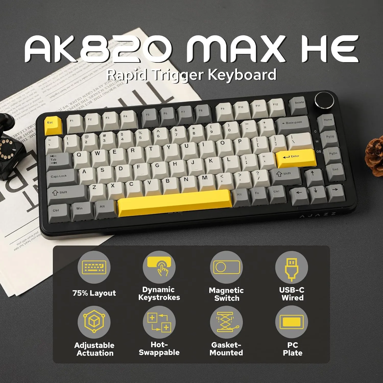 AJAZZ AK820 MAX HE Hall Effect Magnetic Gaming Keyboard, Adjustable Actuation, 8KHz Polling Rate, Wired Rapid Fast Keyboard, Creamy Gasket, RGB Backlight, NKRO for Win/Mac (Black)