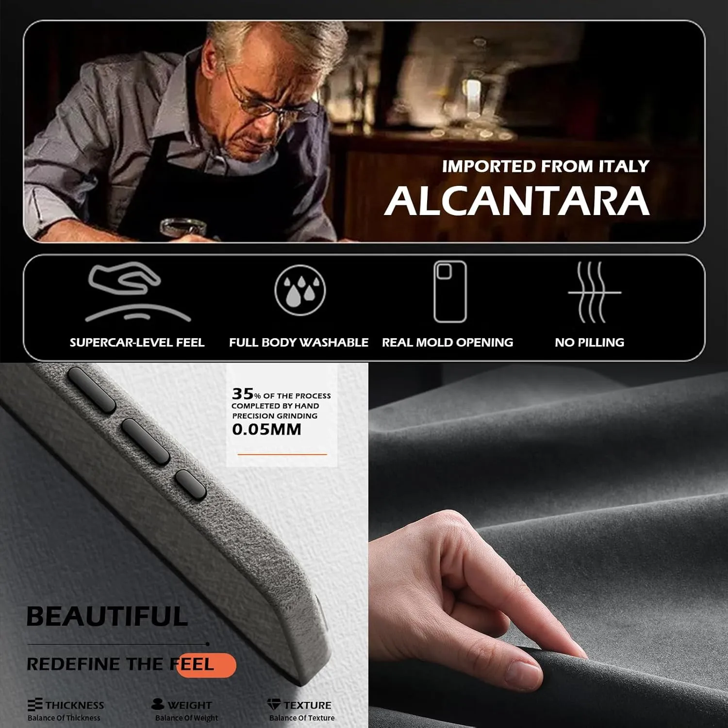 Alcantara Suede Case for iPhone 16 Pro Max/16 Pro/16 Plus/16, Compatible with MagSafe Genuine Italian Suede Leather Handmade Ultra Slim Anti-Slip Anti-Scratch (Red, 16 Pro)