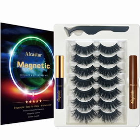 Alcastar Magnetic Eyelashes with Eyeliner, Most Natural Looking Magnetic Lashes Kit with Applicator, Upgraded Strongest Waterproof Liquid Liner,Long Lasting,Reusable, Easy to Apply,（1 black 1brown)