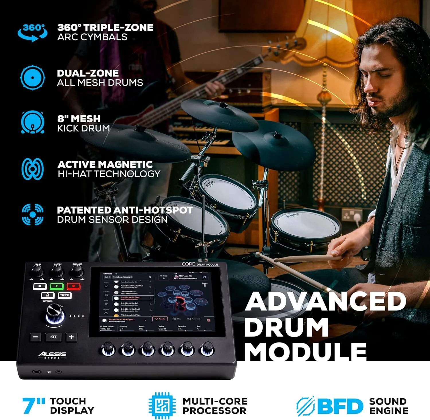 Alesis Strata Core Electric Drum Set with Touchscreen, Triple Zone Cymbals, Active Magnetic Hi-Hat, Dual Zone Mesh Heads, 8" Kick, 144K Multi-Channel Samples