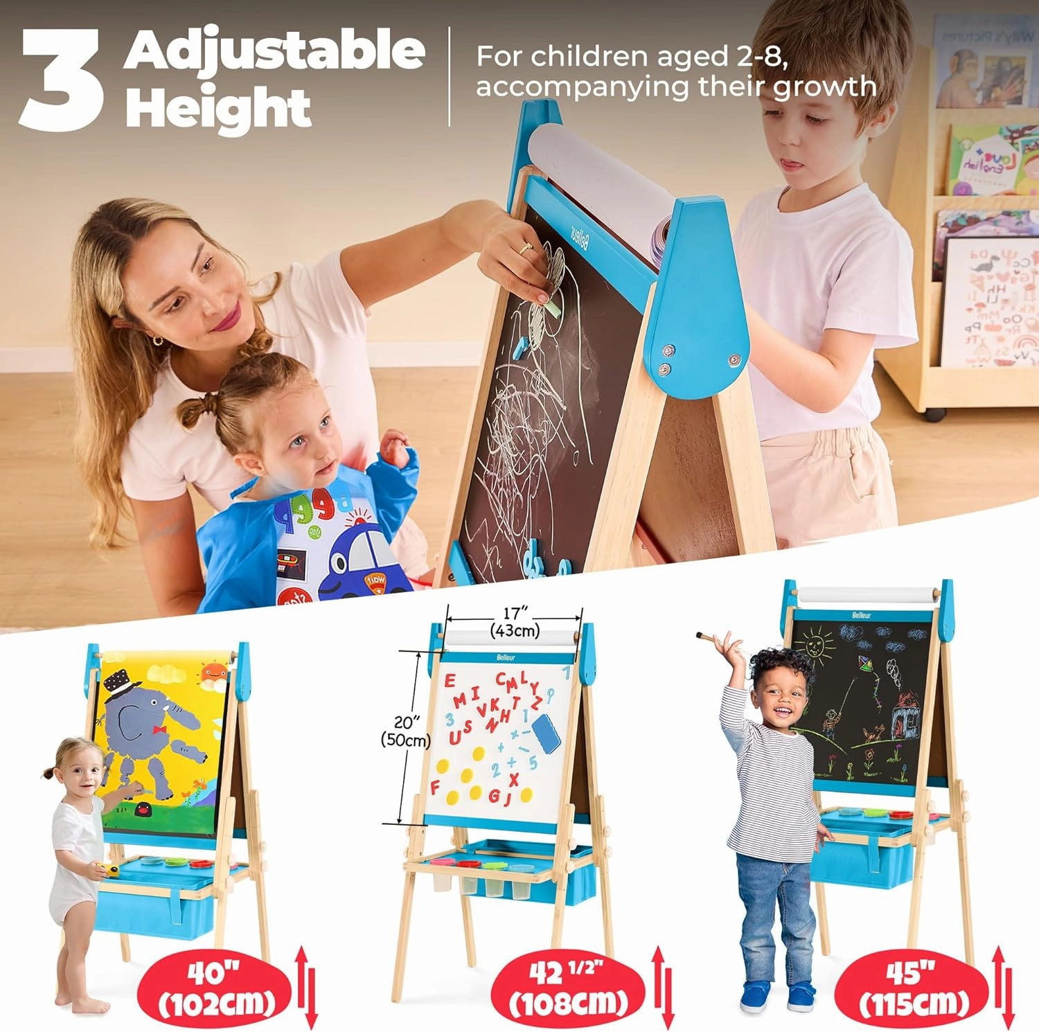 All-in-One Art Easel for Kids, Adjustable Double Sided Wooden Easel for Toddlers with Magnetic Whiteboard & Chalkboard, Paper Roll, Art Supplies, Child Painting Easel for Kid 2-8 Birthday Gift