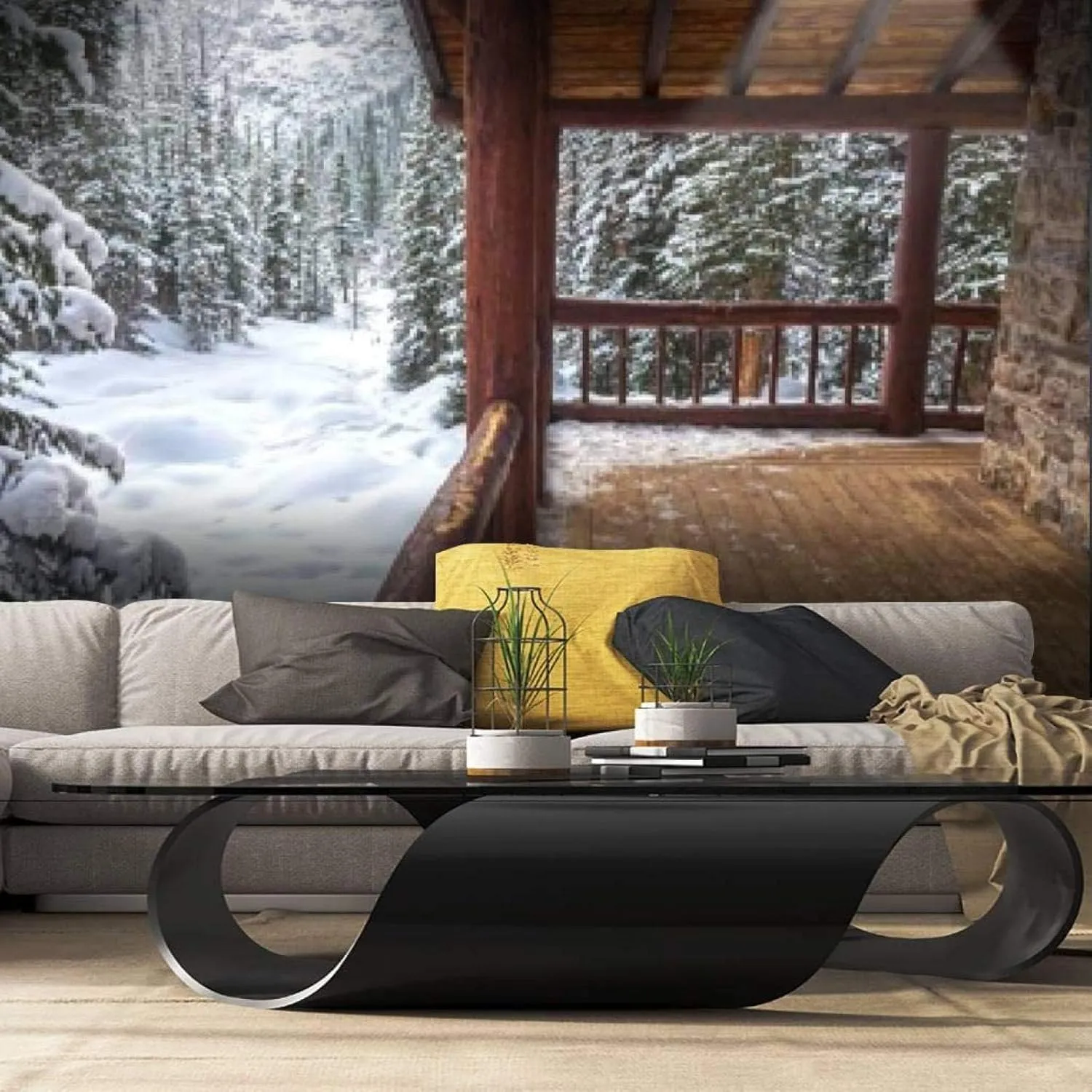 Alpine Cabin Porch Wall Mural, 3D Winter Park Scenery Photo Wallpaper, Home Decor TV Background Large Art Wall Painting for Living Room Bedroom 47"x 32"(W x H)(It's not Peel and Stick)