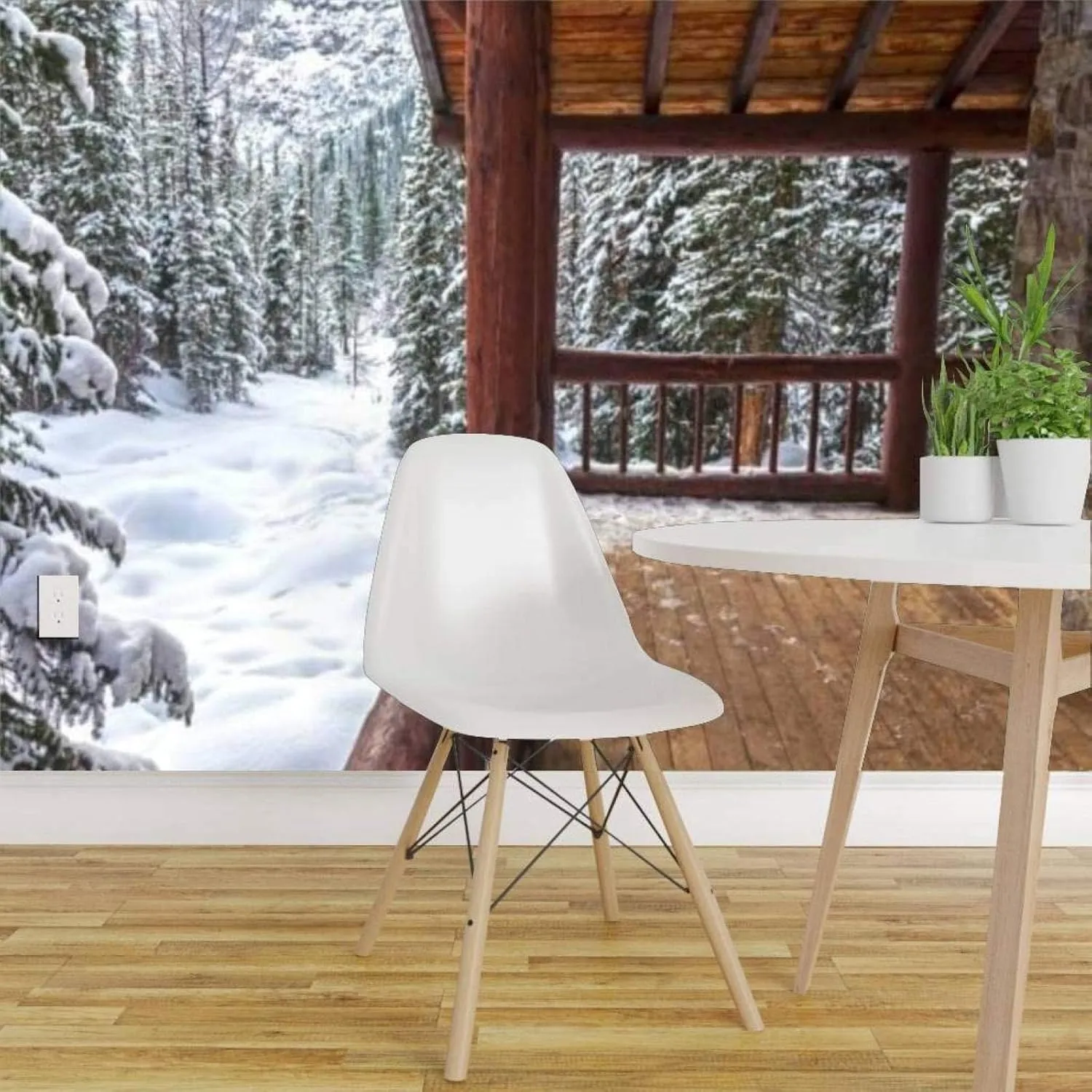 Alpine Cabin Porch Wall Mural, 3D Winter Park Scenery Photo Wallpaper, Home Decor TV Background Large Art Wall Painting for Living Room Bedroom 47"x 32"(W x H)(It's not Peel and Stick)