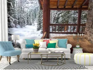 Alpine Cabin Porch Wall Mural, 3D Winter Park Scenery Photo Wallpaper, Home Decor TV Background Large Art Wall Painting for Living Room Bedroom 47"x 32"(W x H)(It's not Peel and Stick)