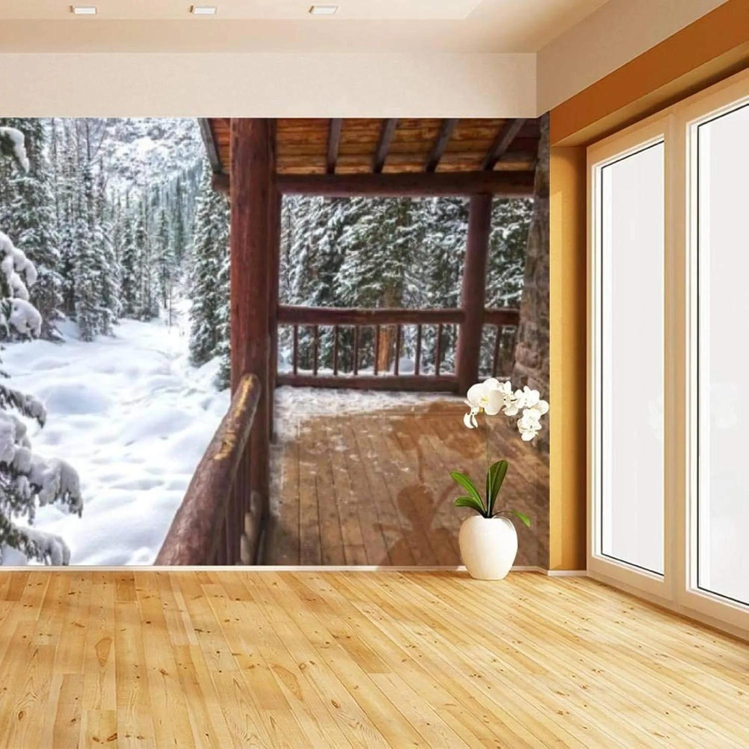 Alpine Cabin Porch Wall Mural, 3D Winter Park Scenery Photo Wallpaper, Home Decor TV Background Large Art Wall Painting for Living Room Bedroom 47"x 32"(W x H)(It's not Peel and Stick)
