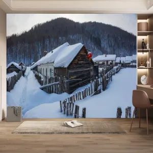 Alpine Forest Large murals Wallpaper, Snow Cabin Wall 3D Poster,Wall Mural Space for Bedroom couches Home Decor Tv Background Decorative-Not Self-Adhesive,99" W x66 H