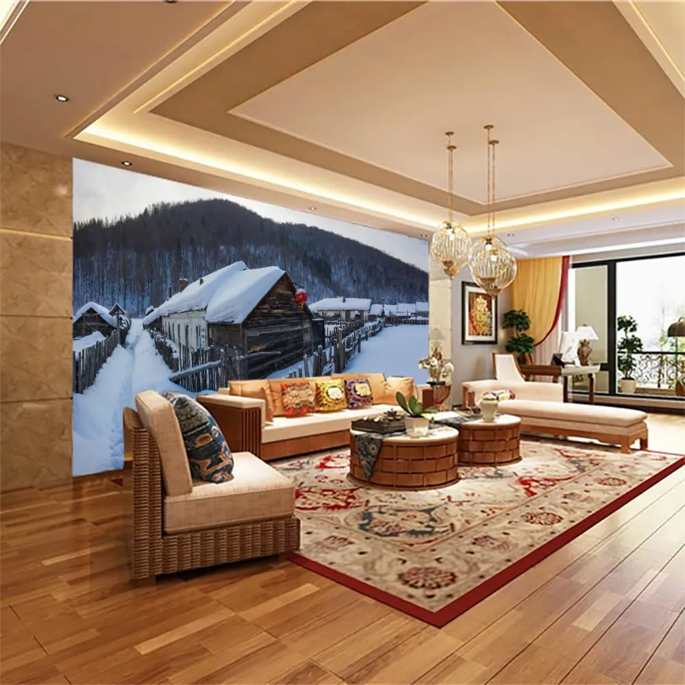 Alpine Forest Large murals Wallpaper, Snow Cabin Wall 3D Poster,Wall Mural Space for Bedroom couches Home Decor Tv Background Decorative-Not Self-Adhesive,99" W x66 H