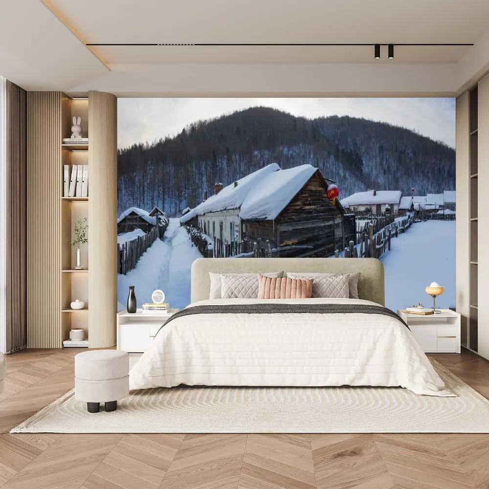 Alpine Forest Large murals Wallpaper, Snow Cabin Wall 3D Poster,Wall Mural Space for Bedroom couches Home Decor Tv Background Decorative-Not Self-Adhesive,99" W x66 H