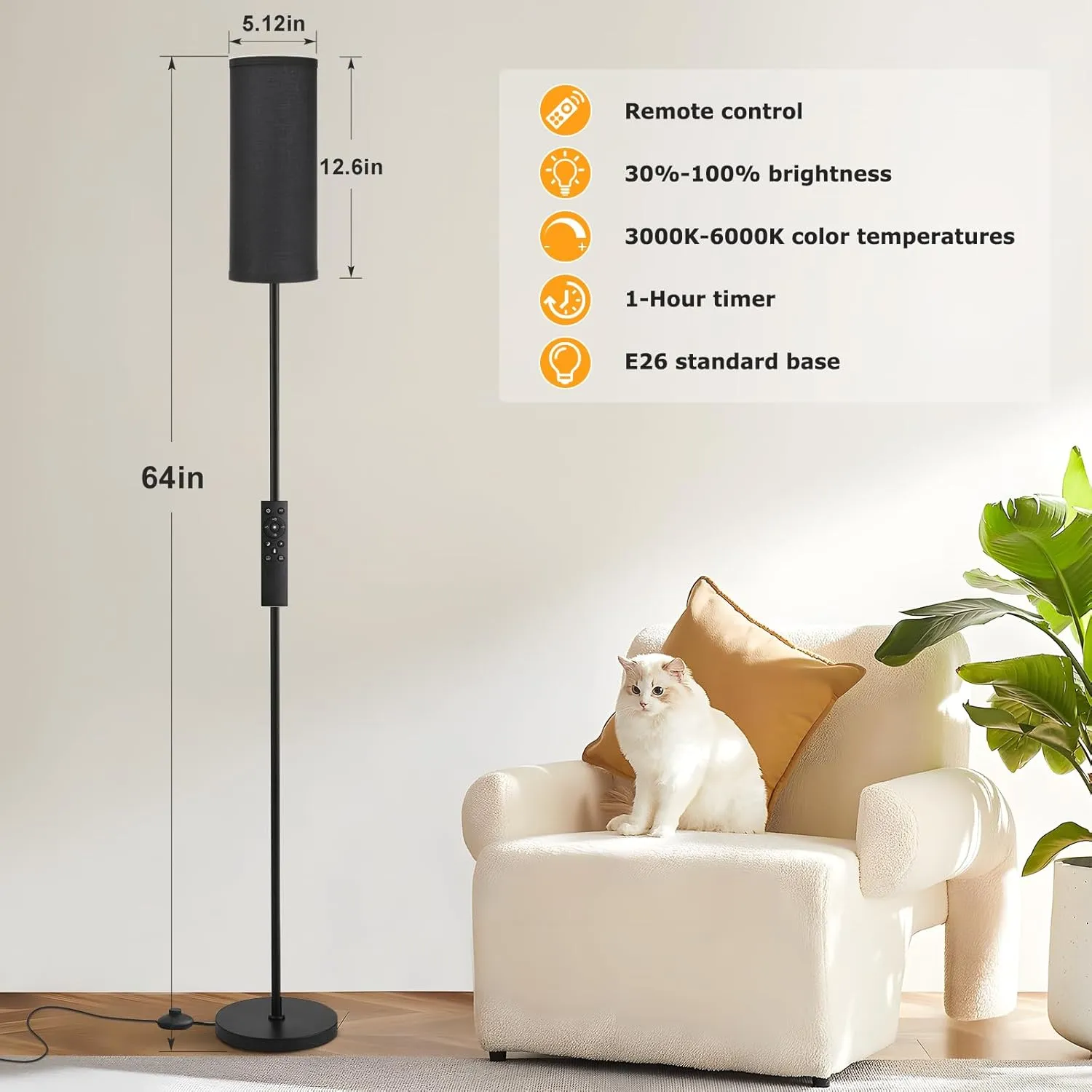 Ambimall 64'' Floor Lamps for Living Room with Remote Control and Stepless Dimmable Colors Temperature & Brightness, 9W Bulb Included(Black Lampshade & Black Pole)