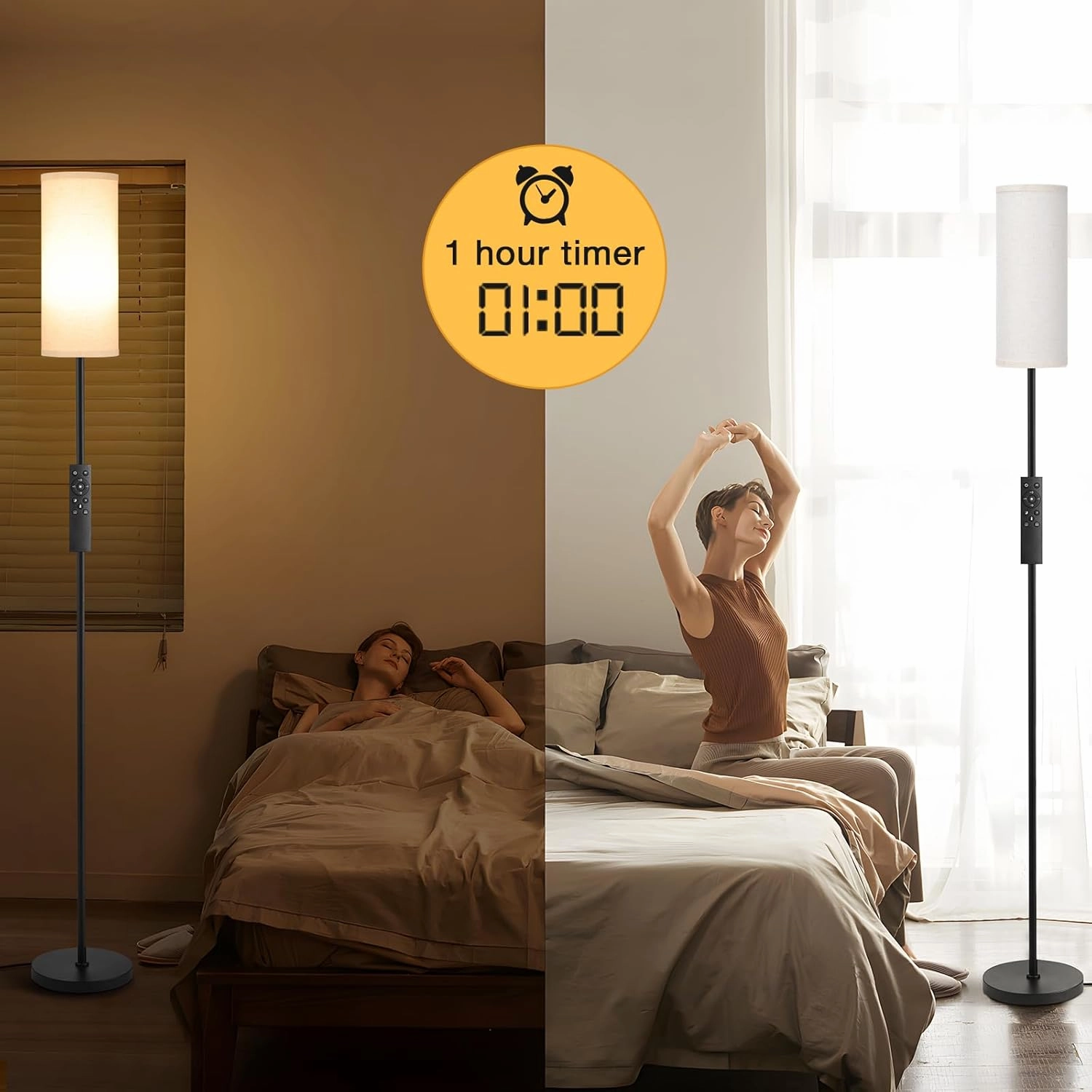 Ambimall 64'' Floor Lamps for Living Room with Remote Control and Stepless Dimmable Colors Temperature & Brightness, 9W Bulb Included(Beige Lampshade & Black Pole)