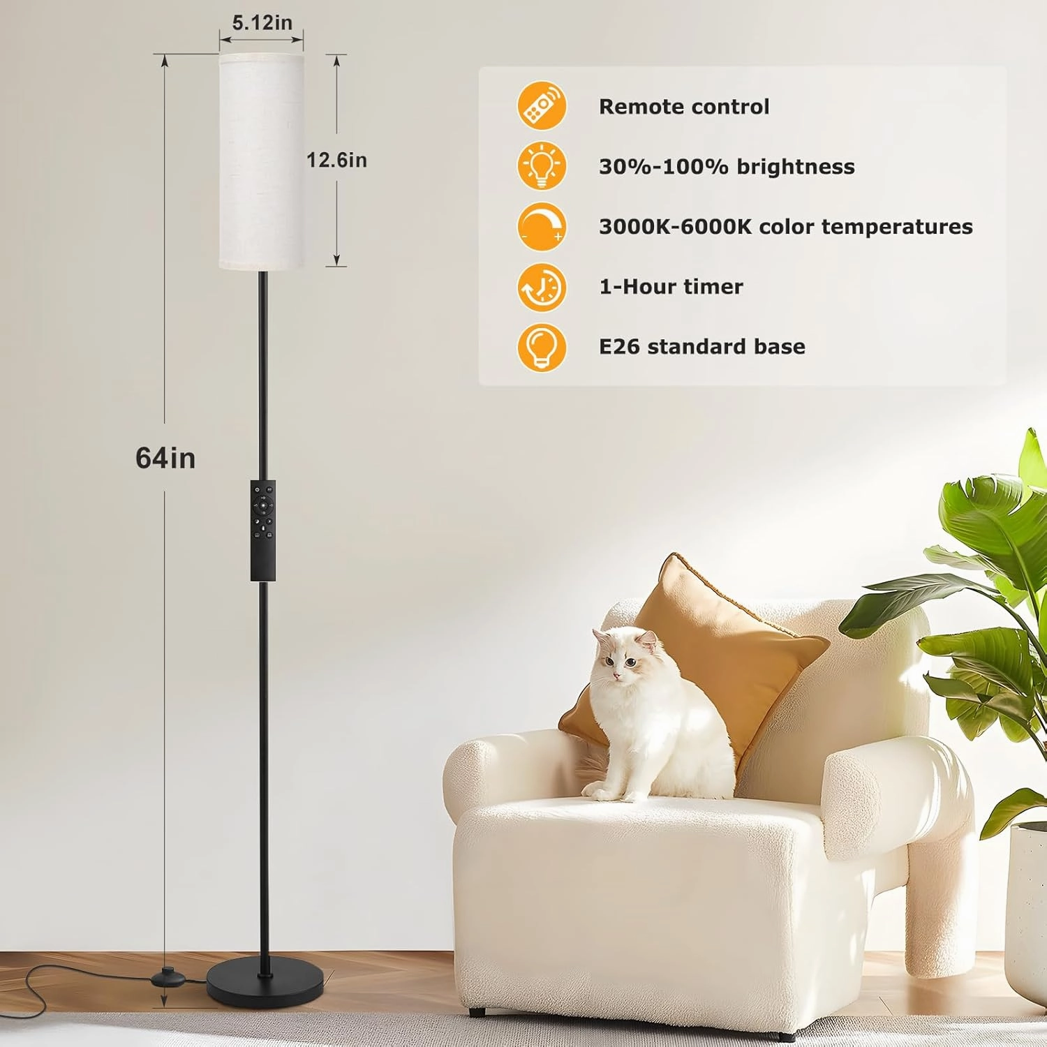 Ambimall 64'' Floor Lamps for Living Room with Remote Control and Stepless Dimmable Colors Temperature & Brightness, 9W Bulb Included(Beige Lampshade & Black Pole)