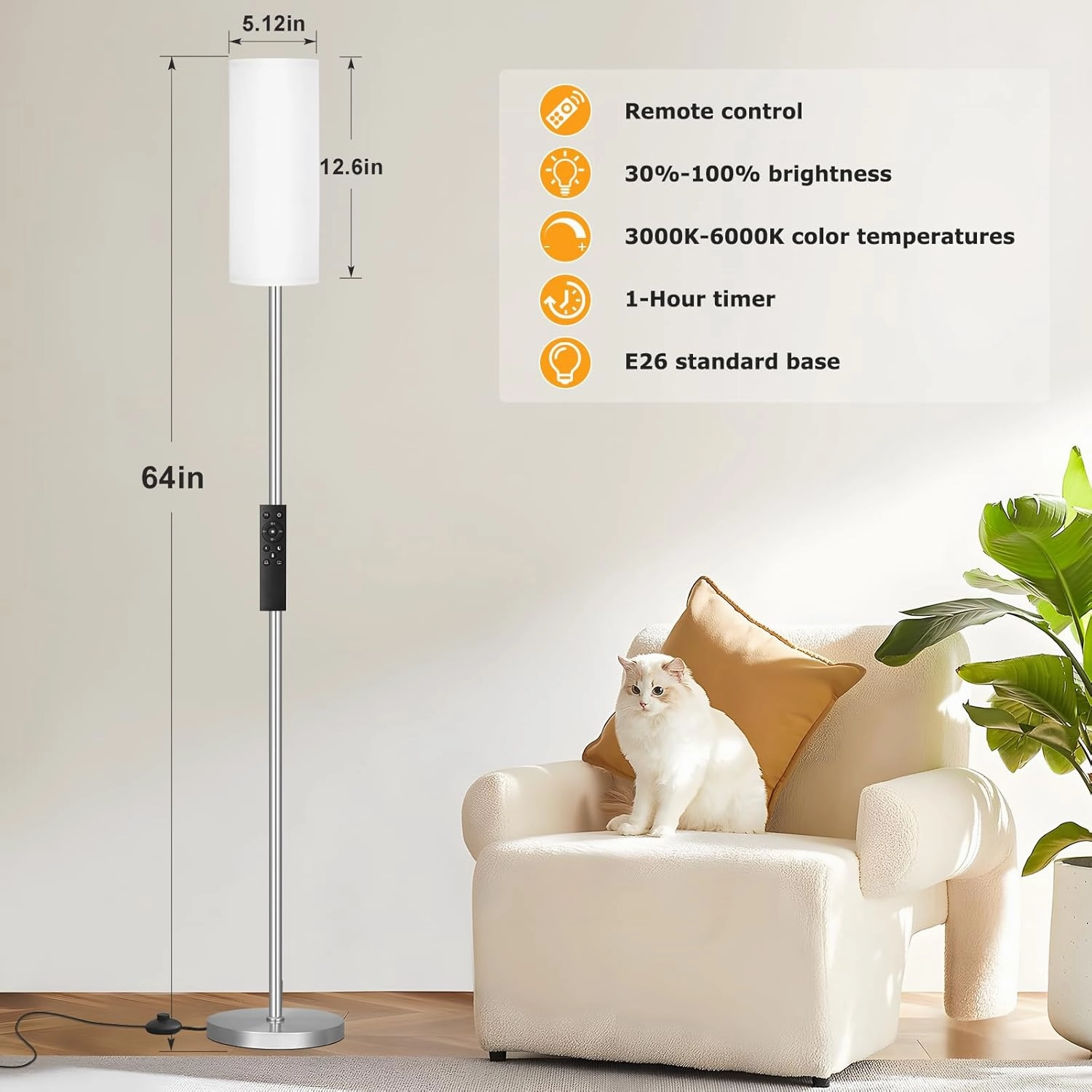 Ambimall 64'' Floor Lamps for Living Room with Remote Control and Stepless Dimmable Colors Temperature & Brightness, 9W Bulb Included(White Lampshade & Silver Pole)