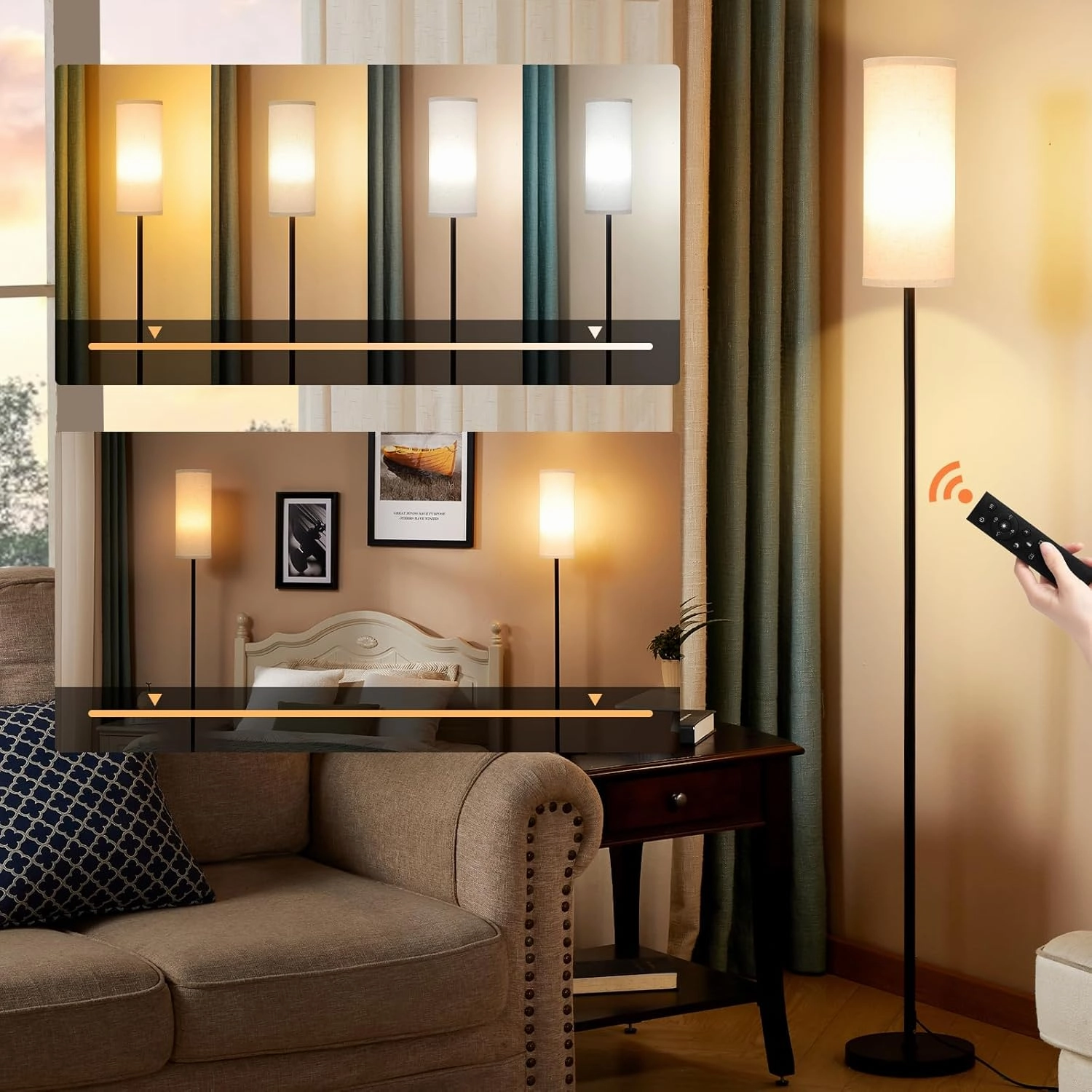 Ambimall 66'' Floor Lamps for Living Room with Remote Control and Stepless Dimmable Colors Temperature & Brightness, 9W Bulb Included(Beige Lampshade & Black Pole)