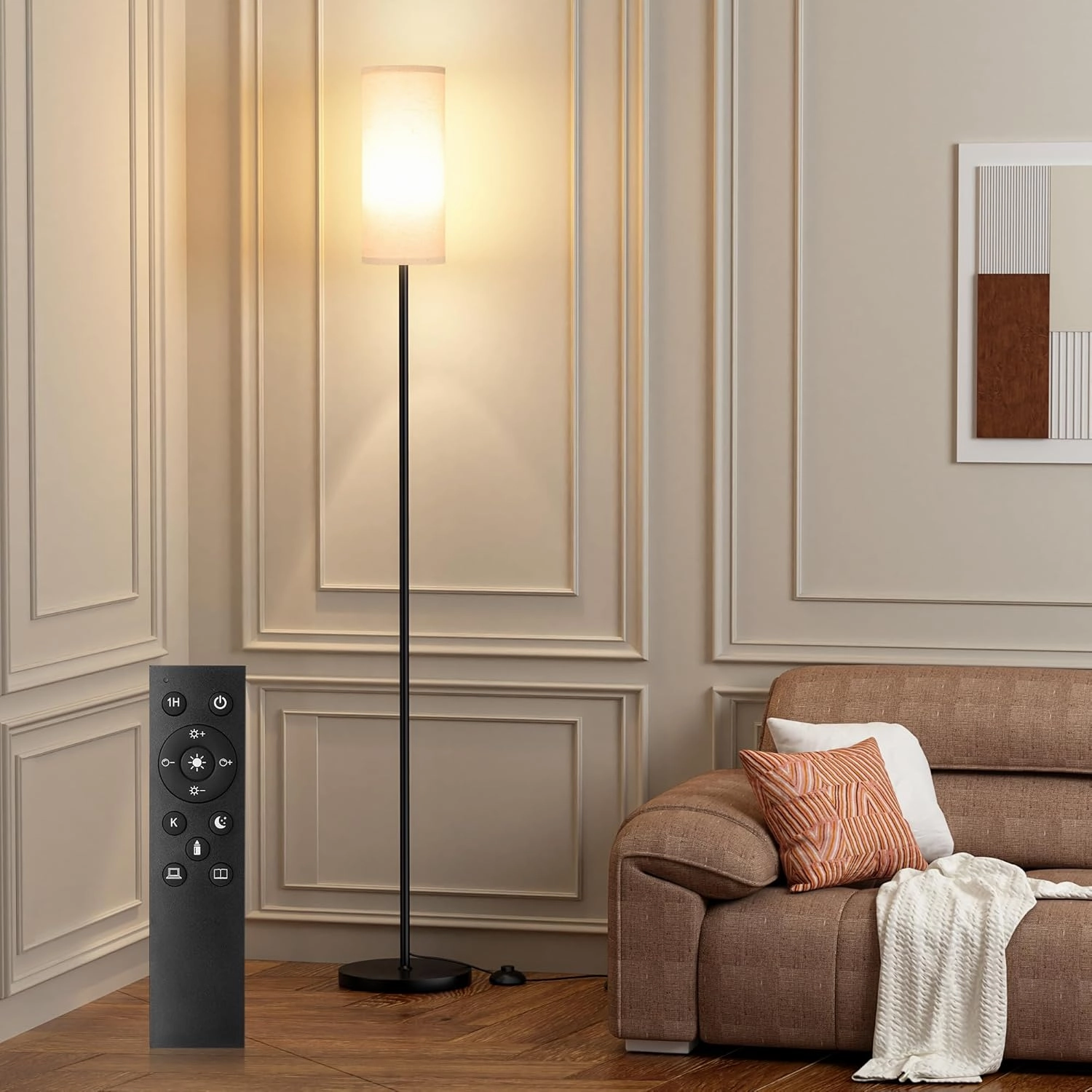 Ambimall 66'' Floor Lamps for Living Room with Remote Control and Stepless Dimmable Colors Temperature & Brightness, 9W Bulb Included(Beige Lampshade & Black Pole)