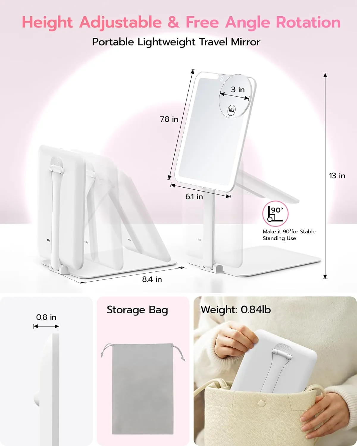 Anfauny Lighted Travel Makeup Mirror with Magnetic 10X Magnification, Vanity Portable and Foldable with Adjustable Stand, Rechargeable 3 Color Lights for Desk and Tabletop -White