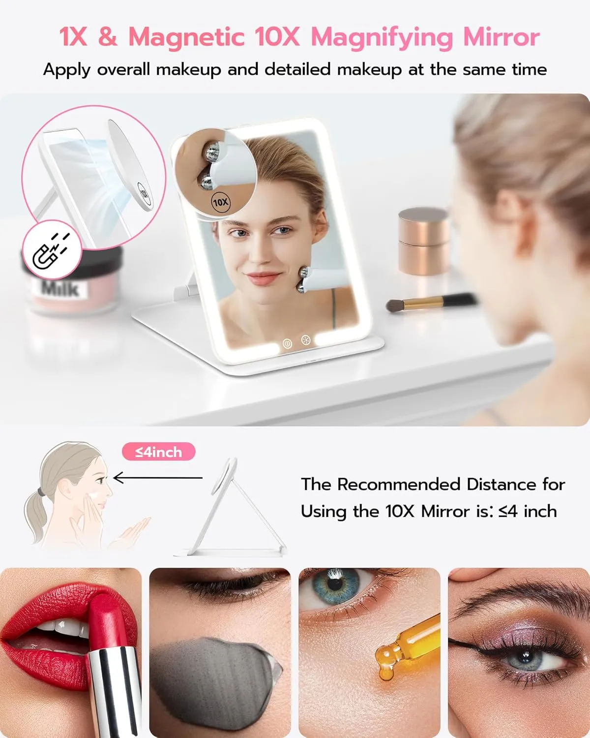 Anfauny Lighted Travel Makeup Mirror with Magnetic 10X Magnification, Vanity Portable and Foldable with Adjustable Stand, Rechargeable 3 Color Lights for Desk and Tabletop -White