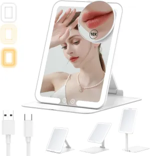 Anfauny Lighted Travel Makeup Mirror with Magnetic 10X Magnification, Vanity Portable and Foldable with Adjustable Stand, Rechargeable 3 Color Lights for Desk and Tabletop -White