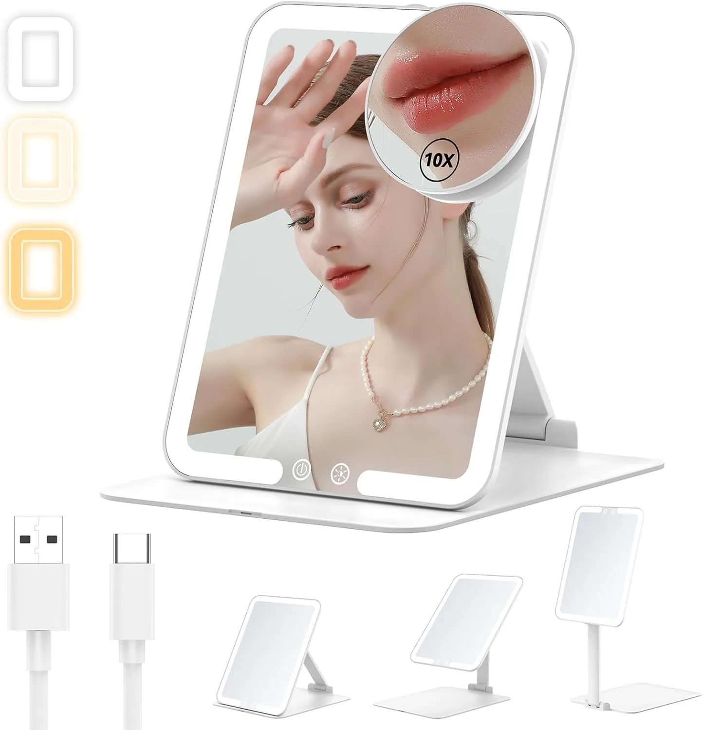 Anfauny Lighted Travel Makeup Mirror with Magnetic 10X Magnification, Vanity Portable and Foldable with Adjustable Stand, Rechargeable 3 Color Lights for Desk and Tabletop -White