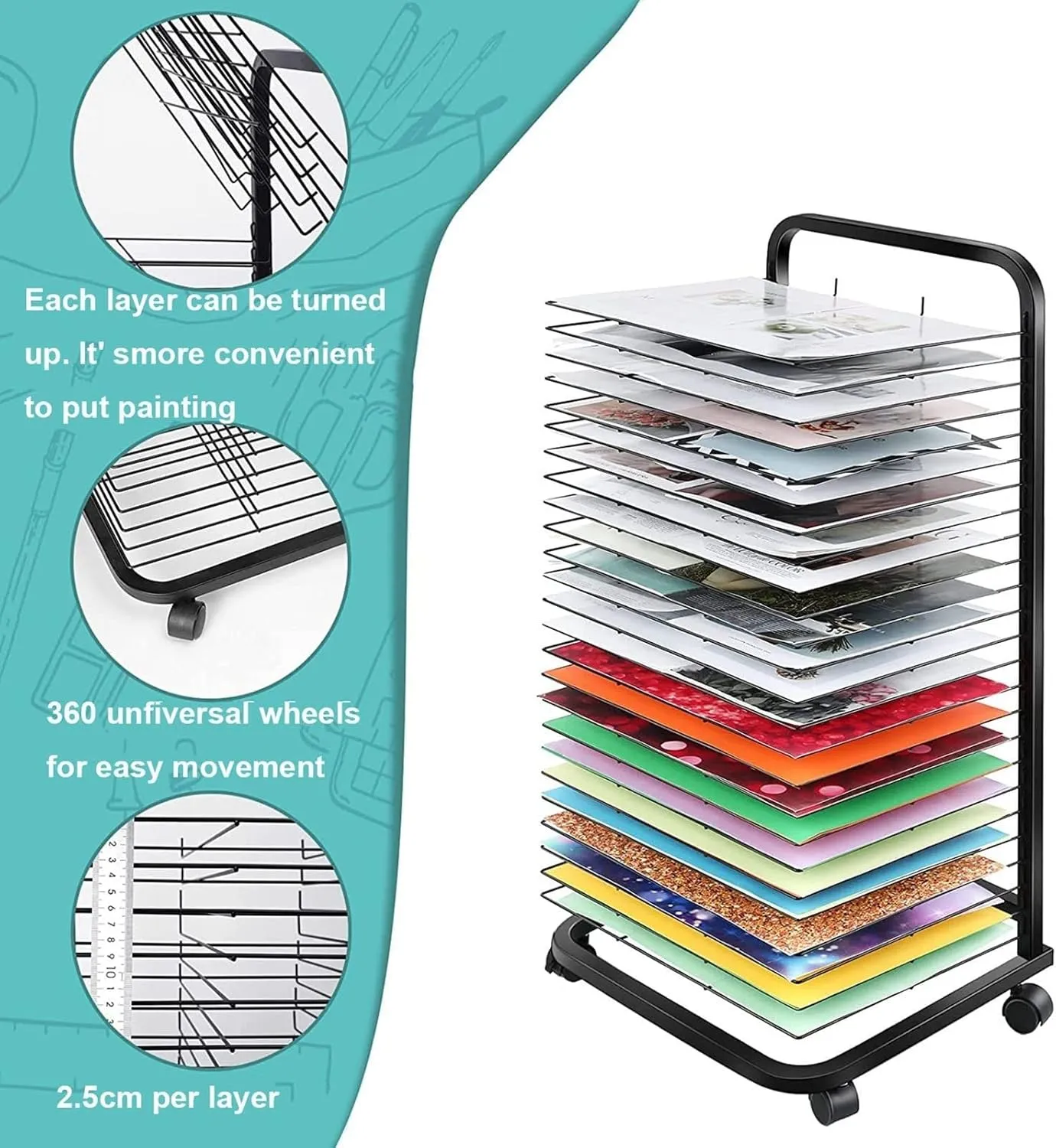 Art Drying Rack with Wheels for Edun Tools and Art Clubs Ideal Art Shelf Storage Rack 8Ka3 Silk Screen Album Display Rack with 30 Floors,20 Floors