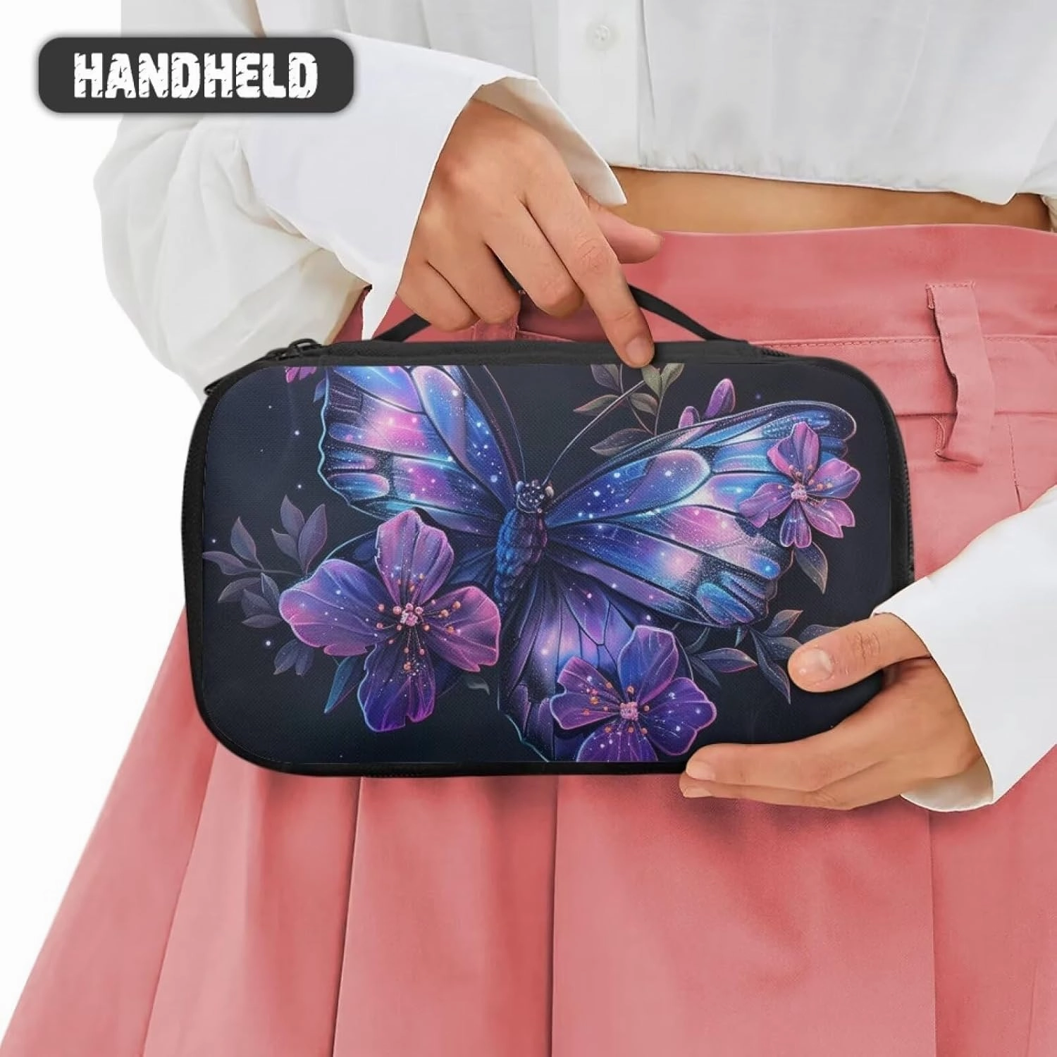 Artistic Butterfly Travel Makeup Bag for Women Custom Cosmetic Bags Waterproof Make Up Case Large Opening Toilety Organizer Pouch for Toiletries Brushes Perfumed Lipstick