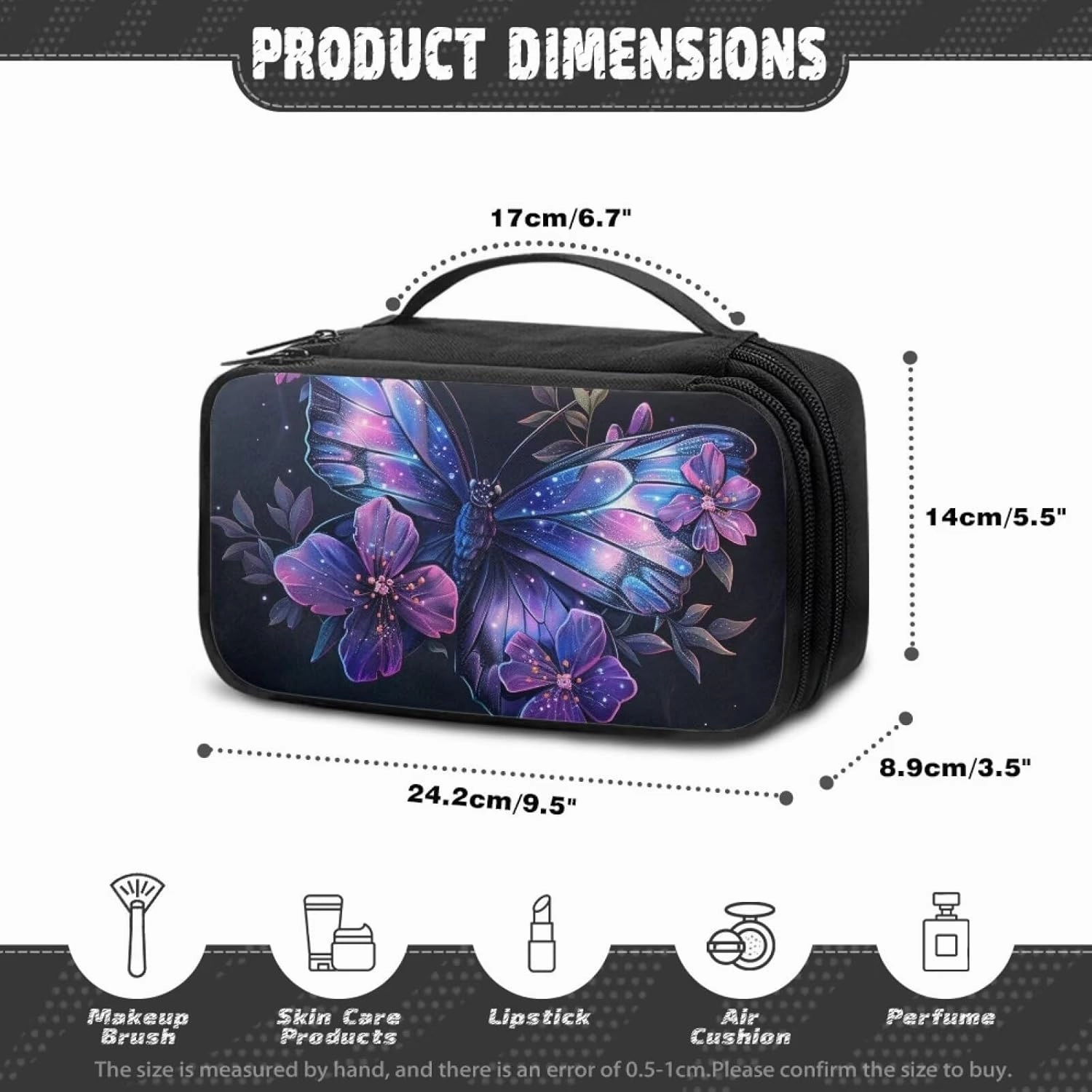 Artistic Butterfly Travel Makeup Bag for Women Custom Cosmetic Bags Waterproof Make Up Case Large Opening Toilety Organizer Pouch for Toiletries Brushes Perfumed Lipstick