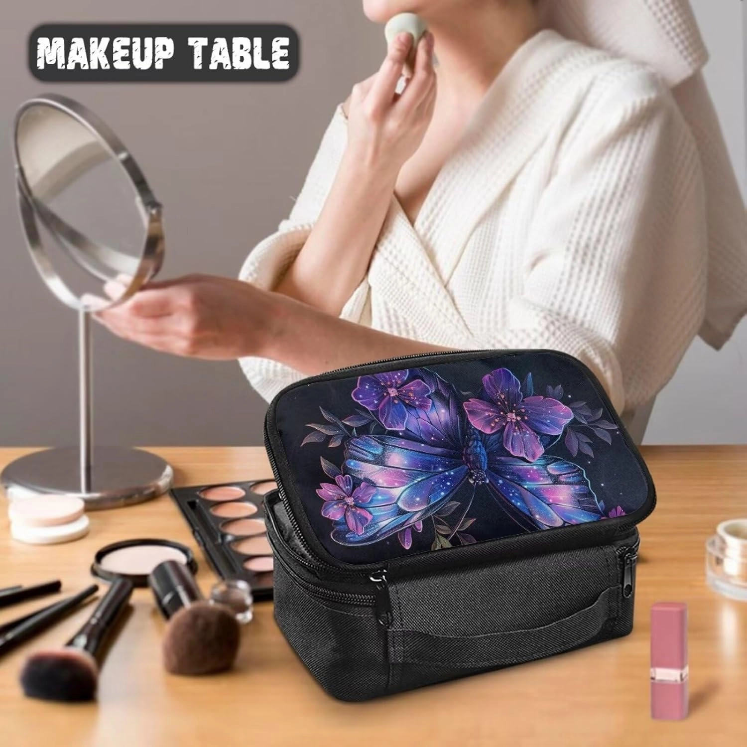 Artistic Butterfly Travel Makeup Bag for Women Custom Cosmetic Bags Waterproof Make Up Case Large Opening Toilety Organizer Pouch for Toiletries Brushes Perfumed Lipstick