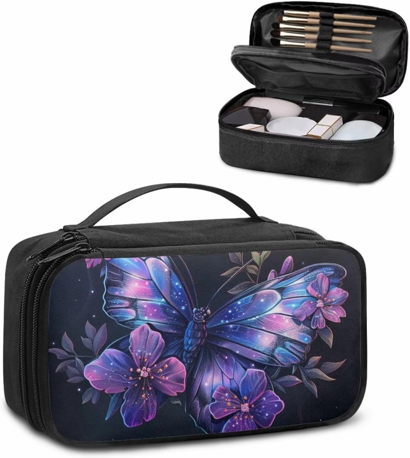 Artistic Butterfly Travel Makeup Bag for Women Custom Cosmetic Bags Waterproof Make Up Case Large Opening Toilety Organizer Pouch for Toiletries Brushes Perfumed Lipstick
