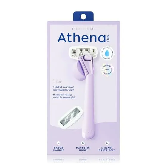 Athe~na Club 5-Blade Womens Razor Kit - 1 Handle, 2 Blade Refills, Magnetic Hook - (Lilac)