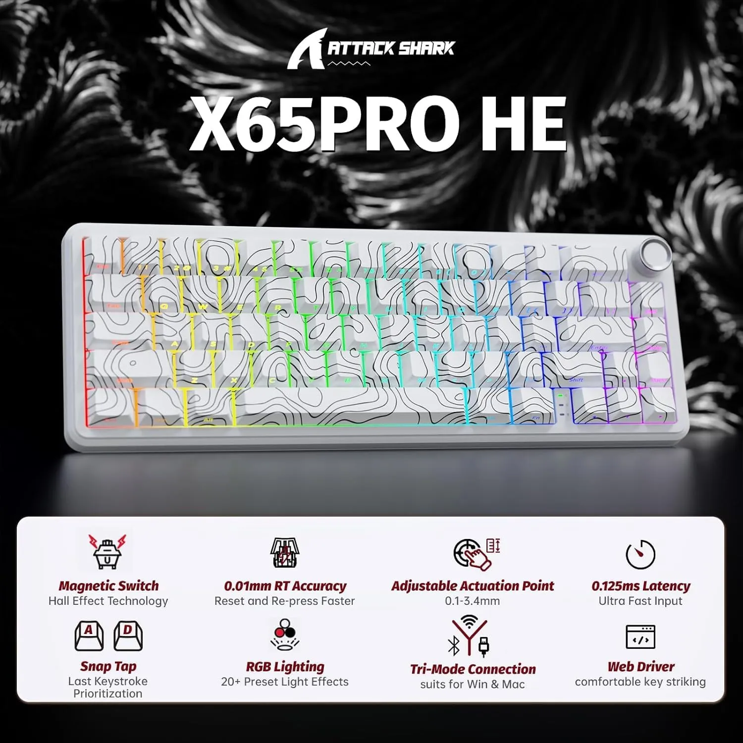 ATTACK SHARK X65PRO HE Rapid Trigger Wireless Gaming Keyboard, 0.01mm RT Accuracy 8KHz Polling Rate Wired Keyboard with Magnetic Switch, Tri-Mode, Adjustable Actuation, RGB Lighting for PC/Mac/Gamer