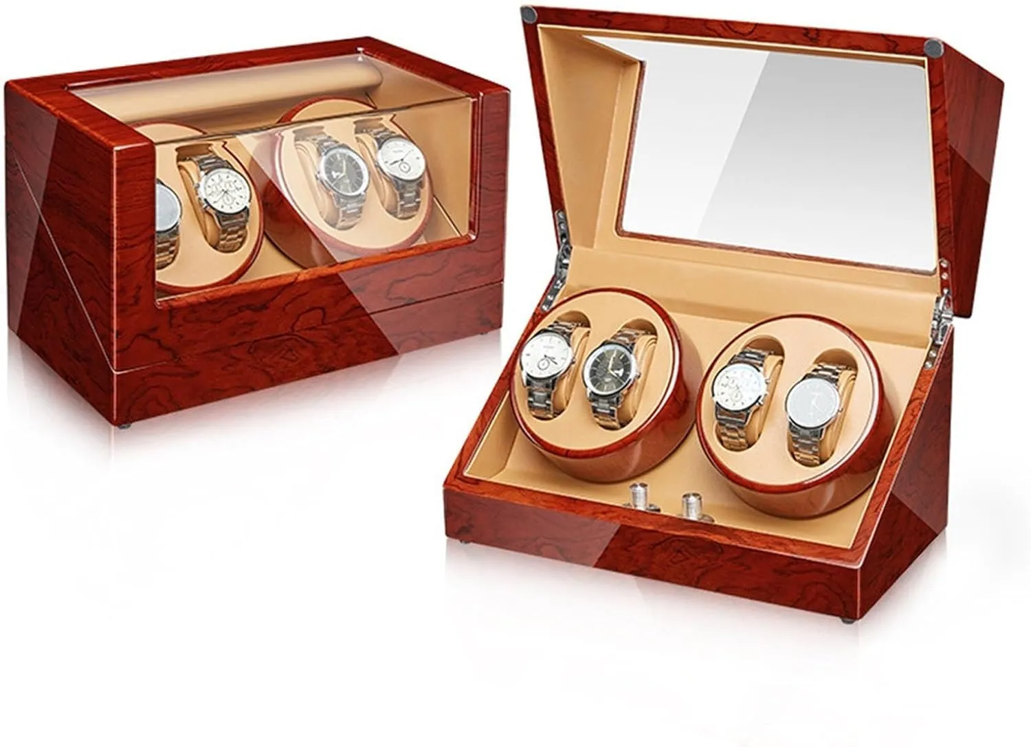 Automatic Watch Winder Wood Shell Piano Finish Watches Display Box with Quiet Motor Flexible Watch Pillow Fit Lady/Man Watches 5 Rotation Mode Setting,4 0