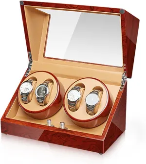 Automatic Watch Winder Wood Shell Piano Finish Watches Display Box with Quiet Motor Flexible Watch Pillow Fit Lady/Man Watches 5 Rotation Mode Setting,4 0