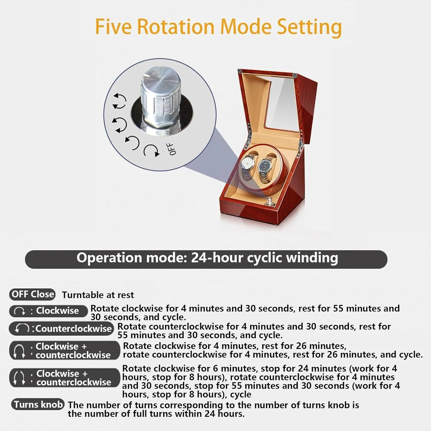 Automatic Watch Winder Wood Shell Piano Finish Watches Display Box with Quiet Motor Flexible Watch Pillow Fit Lady/Man Watches 5 Rotation Mode Setting,4 0