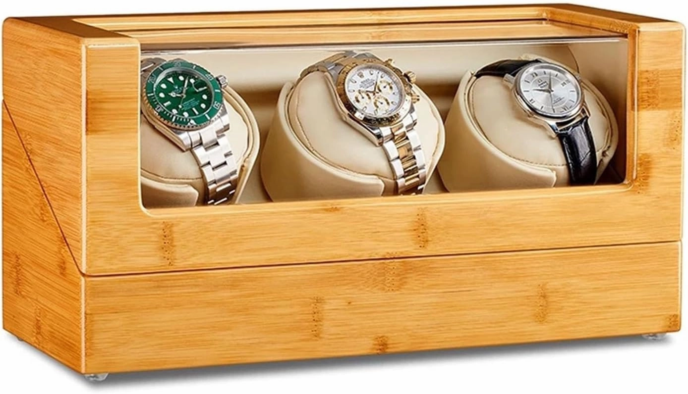Automatic Watch Winder for 3 Watches Bamboo Wood Watches Display Box with Quiet Japanese Motor Flexible Watch Pillows Fit Lady and Man Watches