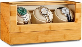 Automatic Watch Winder for 3 Watches Bamboo Wood Watches Display Box with Quiet Japanese Motor Flexible Watch Pillows Fit Lady and Man Watches