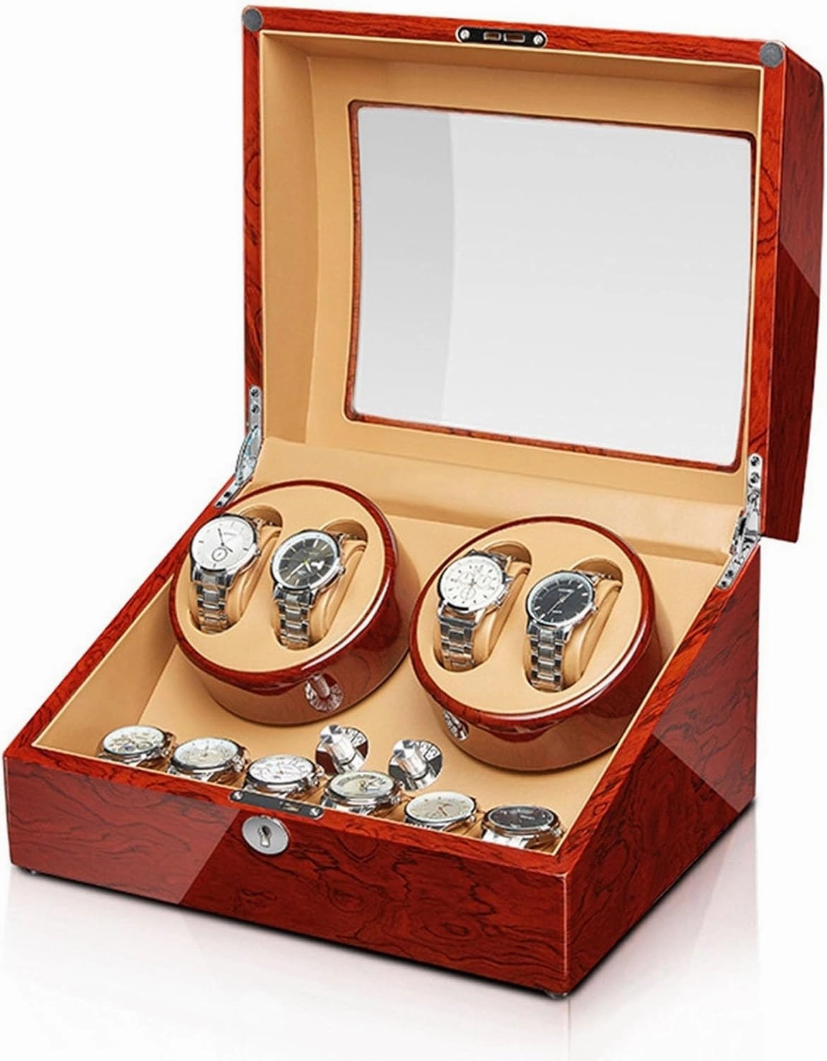 Automatic Watch Winder Wood Shell Piano Finish Watches Display Box With Quiet Motor Flexible Watch Pillow Fit Lady/Man Watches 5 Rotation Mode Setting,4 6 ()