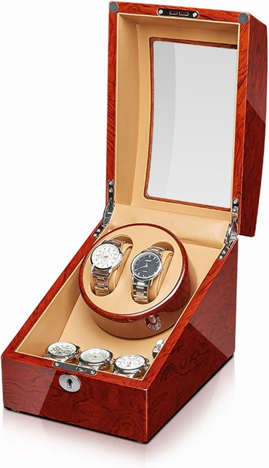 Automatic Watch Winder Wood Shell Piano Finish Watches Display Box With Quiet Motor Flexible Watch Pillow Fit Lady/Man Watches 5 Rotation Mode Setting,4 6 ()