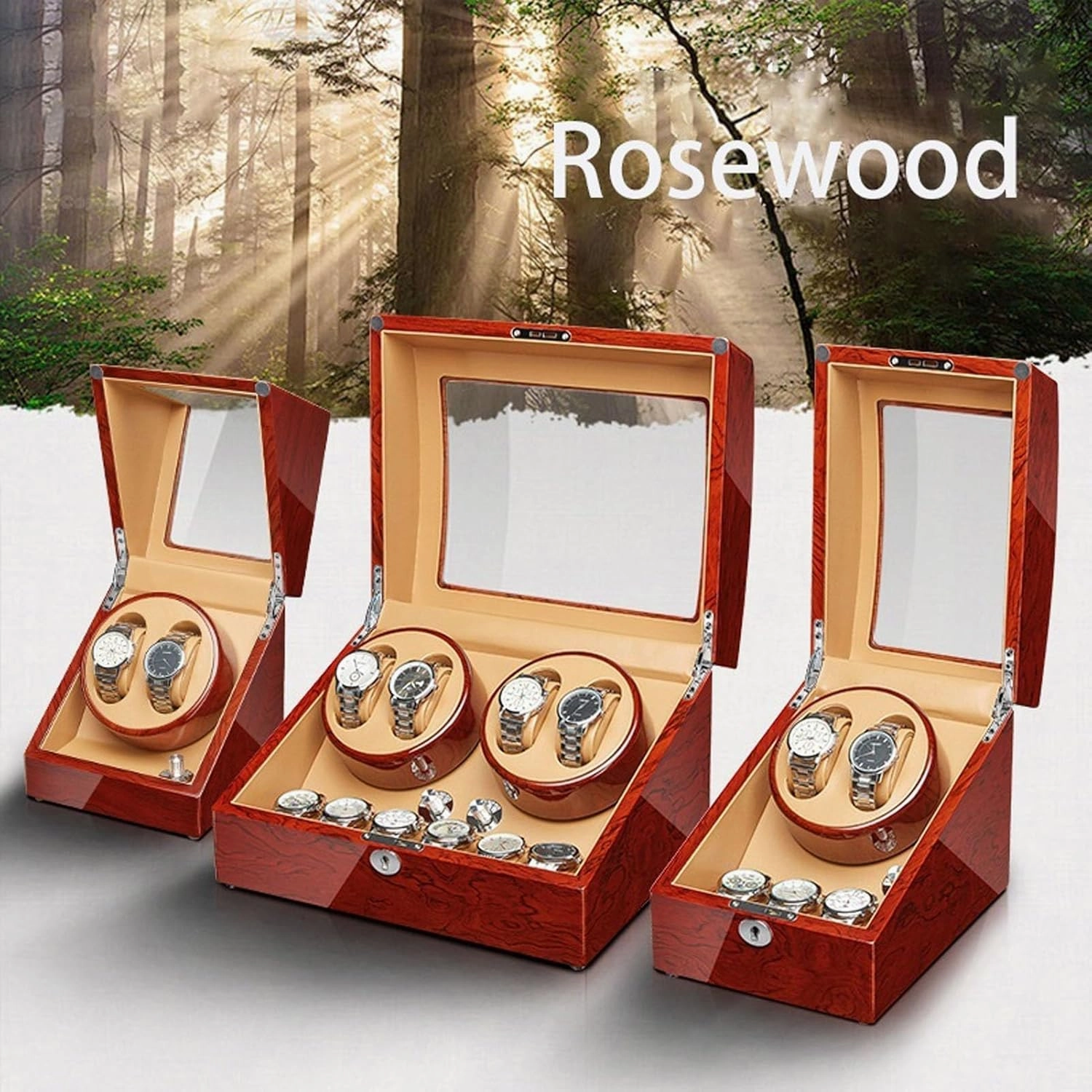 Automatic Watch Winder Wood Shell Piano Finish with Quiet Mabuchi Motor Stop When Opening The Lid Flexible Watch Pillow Fit Lady and Man Watches