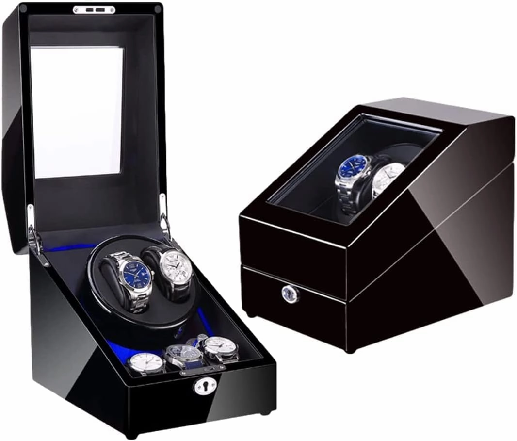 Automatic Wood Watch Winder Display Box Quite Motor Built-in LED Light Black Piano Paint Exterior Watch Winder Display Watch Box Case Watch Storage