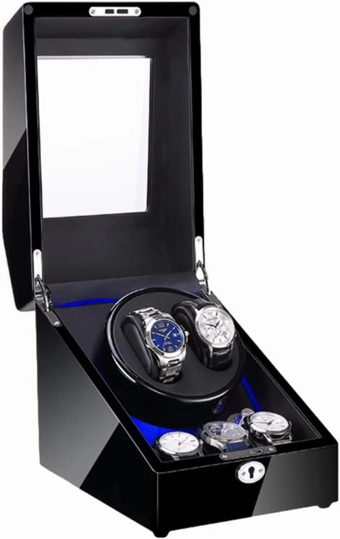 Automatic Wood Watch Winder Display Box Quite Motor Built-in LED Light Black Piano Paint Exterior Watch Winder Display Watch Box Case Watch Storage