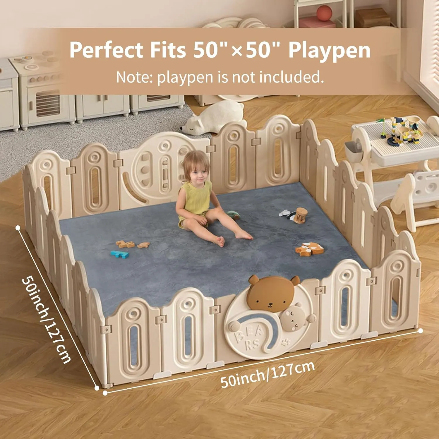 Baby Play Mat for Floor,1.3" Thick Elasti-Foam 50"×50" Playpen Mat for Tummy Time,Water Repellent Soft Coral Velvet for Toddler,Infant,Kids,Non-Slip Backing Safe for Crawling(Dark Grey)