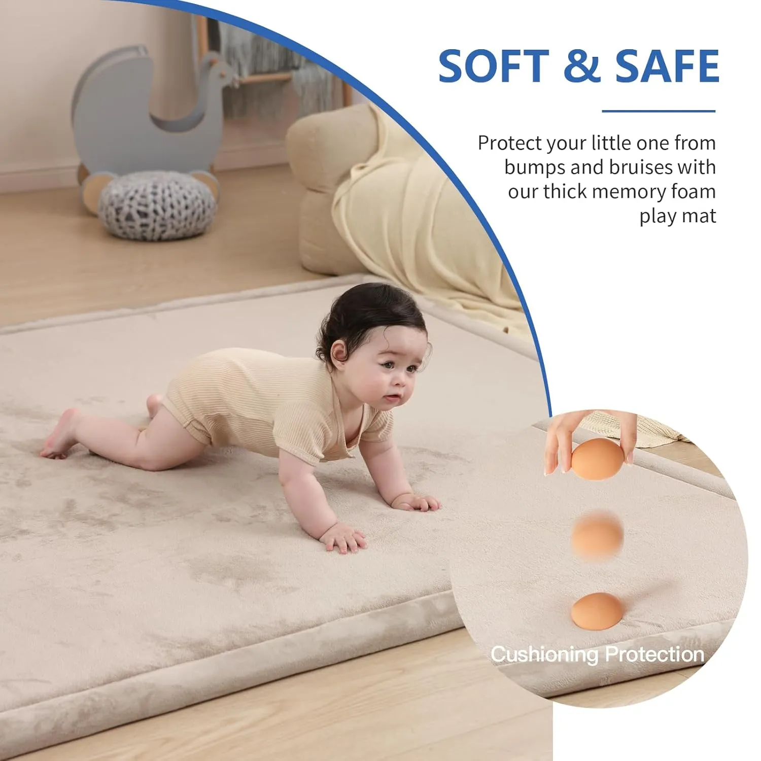 Baby Play Mat for Floor,1.3" Thick Memory foam Tummy Time Mat,Soft Coral Velvet Nursery Rug,Extra Large Non Slip for Crawling,Toddlers,Infants,kids,Tatami Style for Living Room(Beige)