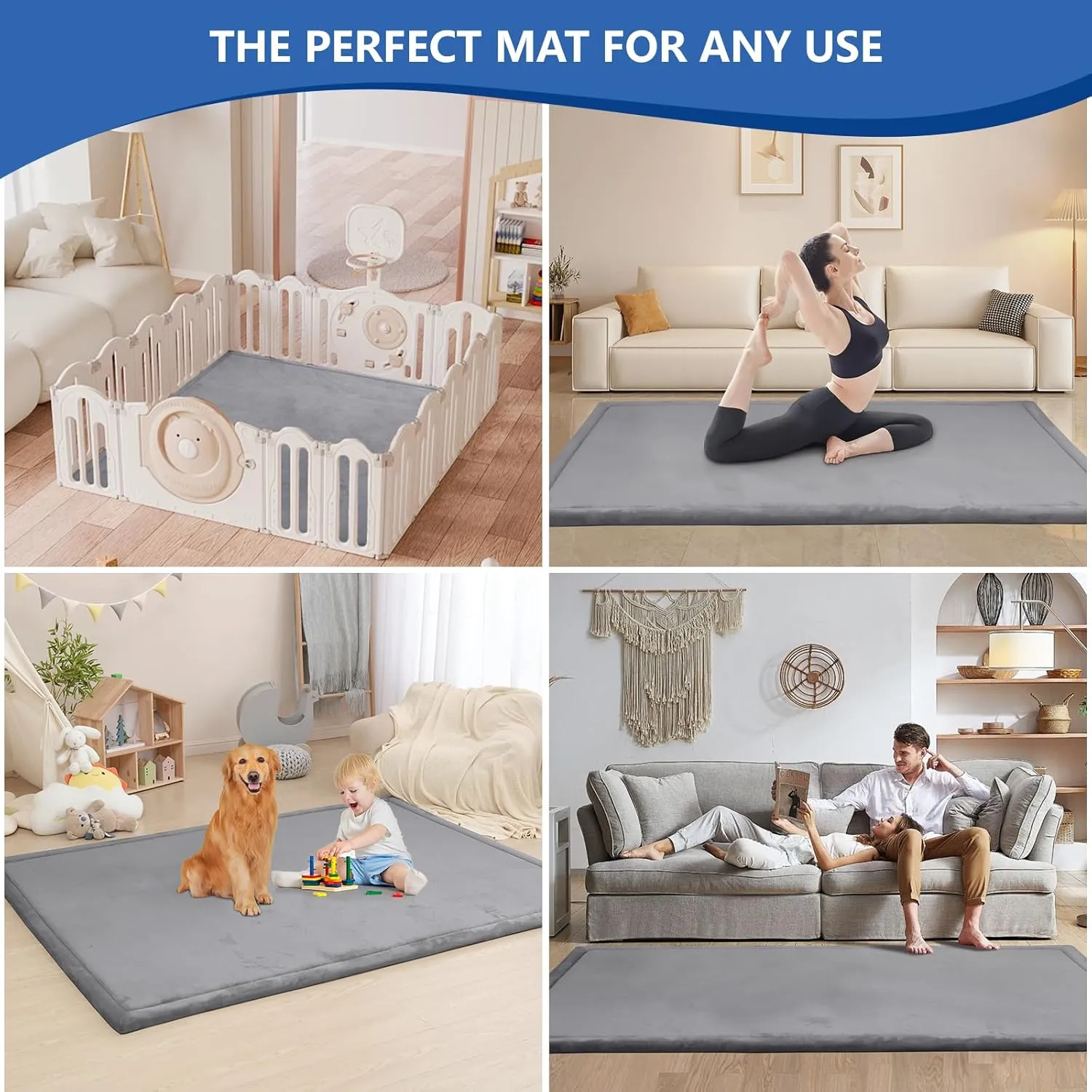 Baby Play Mat for Floor,1.3" Thick Memory Foam Tummy Time Mat,Soft Coral Velvet Nursery Rug,Large Non Slip Crawling Mat for Toddlers,Infants,Kids,Yoga Mat,Tatami Mat for Living Room(Dark Gray)