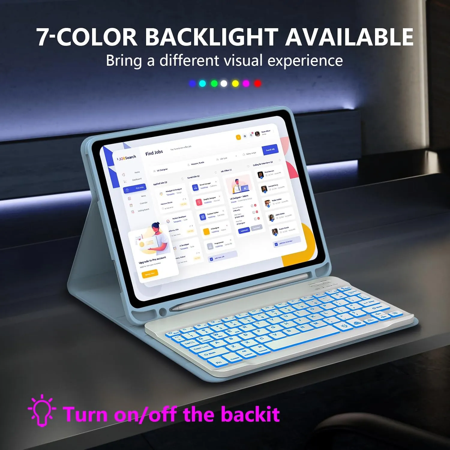 Backlit Keyboard Case for iPad A16 2025 11th/10th 2022 Generation (11-inch/10.9),7-Color Backlit,Detachable Wireless Keyboard with Bulit-in Pencil Holder Multi-Angle Protective Cover(Blue)