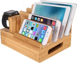 Bamboo Wood Multi-Device Desktop Charging Dock Station Charger Holder Cradle Stand Compatible iPhone 16 15 14 13 12 11 Pro Max iPad mini Pro Air Apple Watch/iWatch 2 3 4 Samsung Smartphones