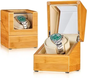 Bamboo Wood Watch Winder For Single Watch Automatic Watch Winder Box With Super Quiet Motor Flexible Watch Pillows Fit Lady And Man Watches Dual Power Supply,