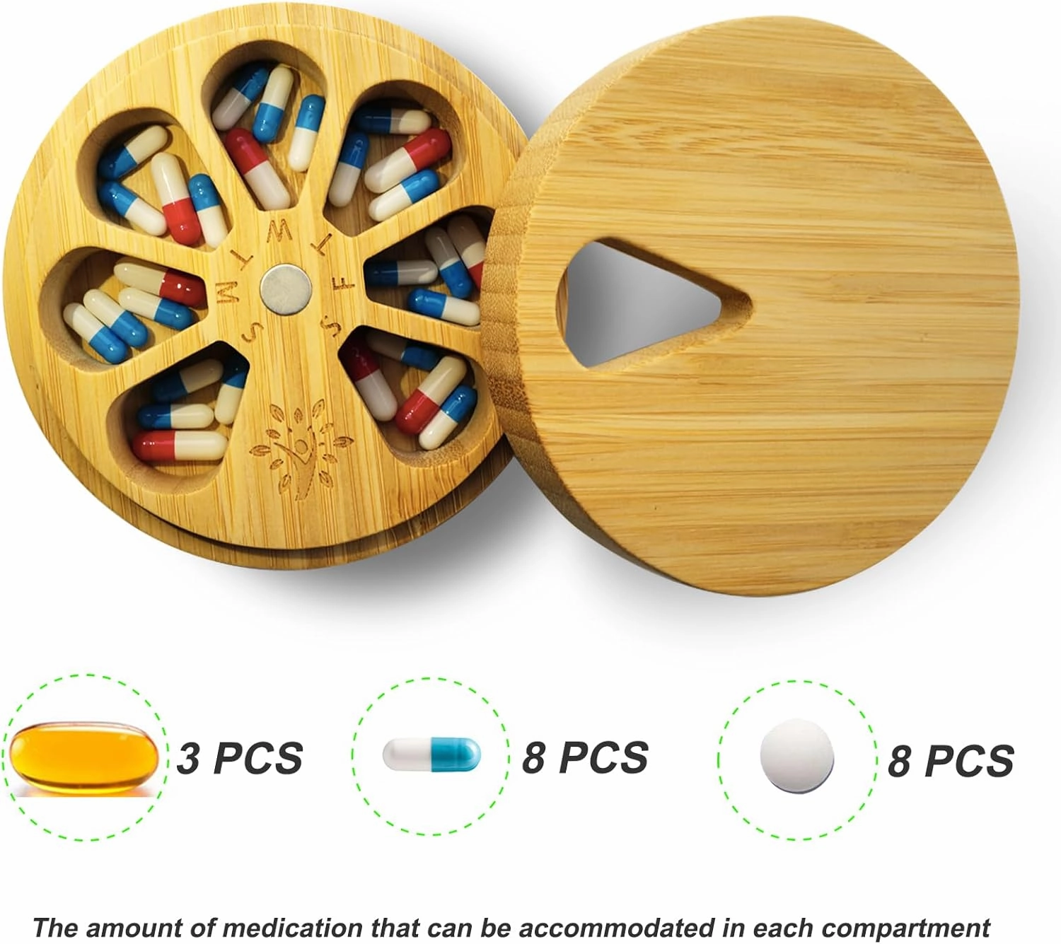 Bamboo Wood Pill Organizer for Medicine Vitamin Weekly, Arthritis Friendly 7-Day Pill Box Medium Container Holder, Daily Portable Travel Pill Case