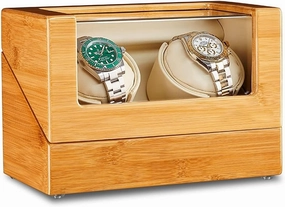 Bamboo Wood Watch Winder for 1/2/3 Automatic Watches with Quiet Motor Flexible Watch Pillows Watches Display Box Fit Lady and Man Watches,OneColor-2 0(2 0)