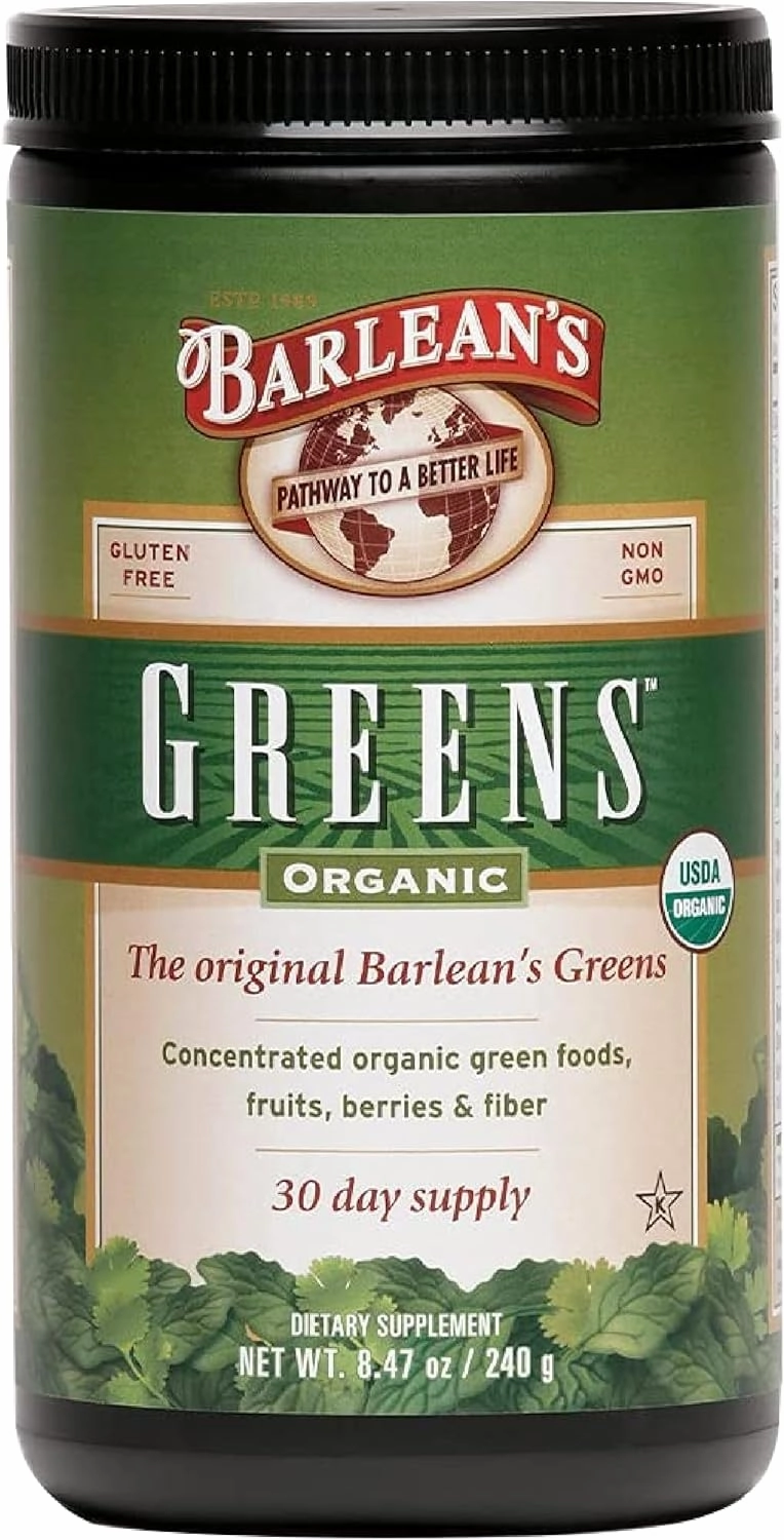 Barlean's Organic Greens Powder, Fruits and Veggies Superfood Supplement with Green Food Protein, Probiotic Blend and Fiber for Athletic Endurance and Daily Health, 8.47 oz