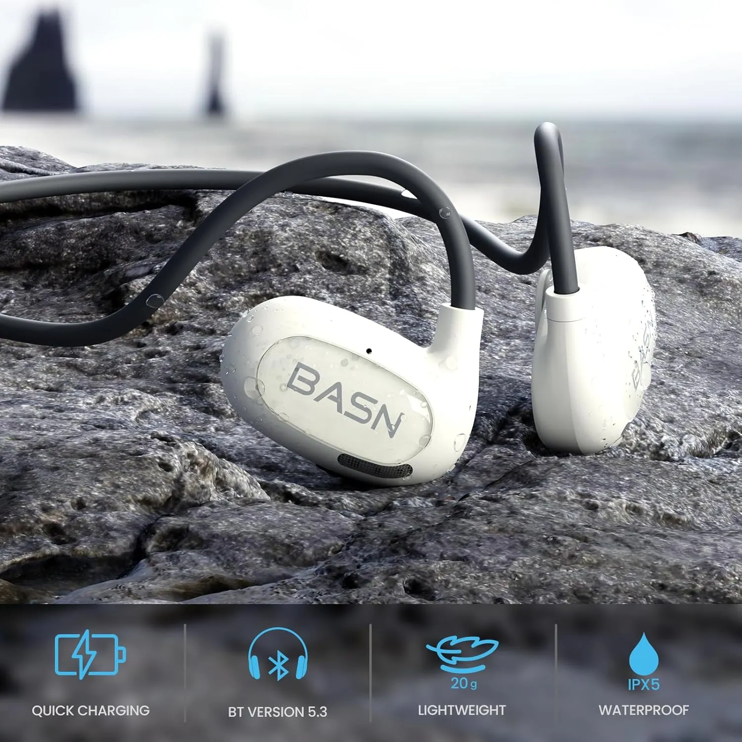 BASN AirS1 Air Conduction Headphones, Wireless Bluetooth 5.3 with IPX5 Waterproof, 16.2mm Driver ENC Open Ear Sport Headphones for Cycling Running Swimming Exercise Travel (White)