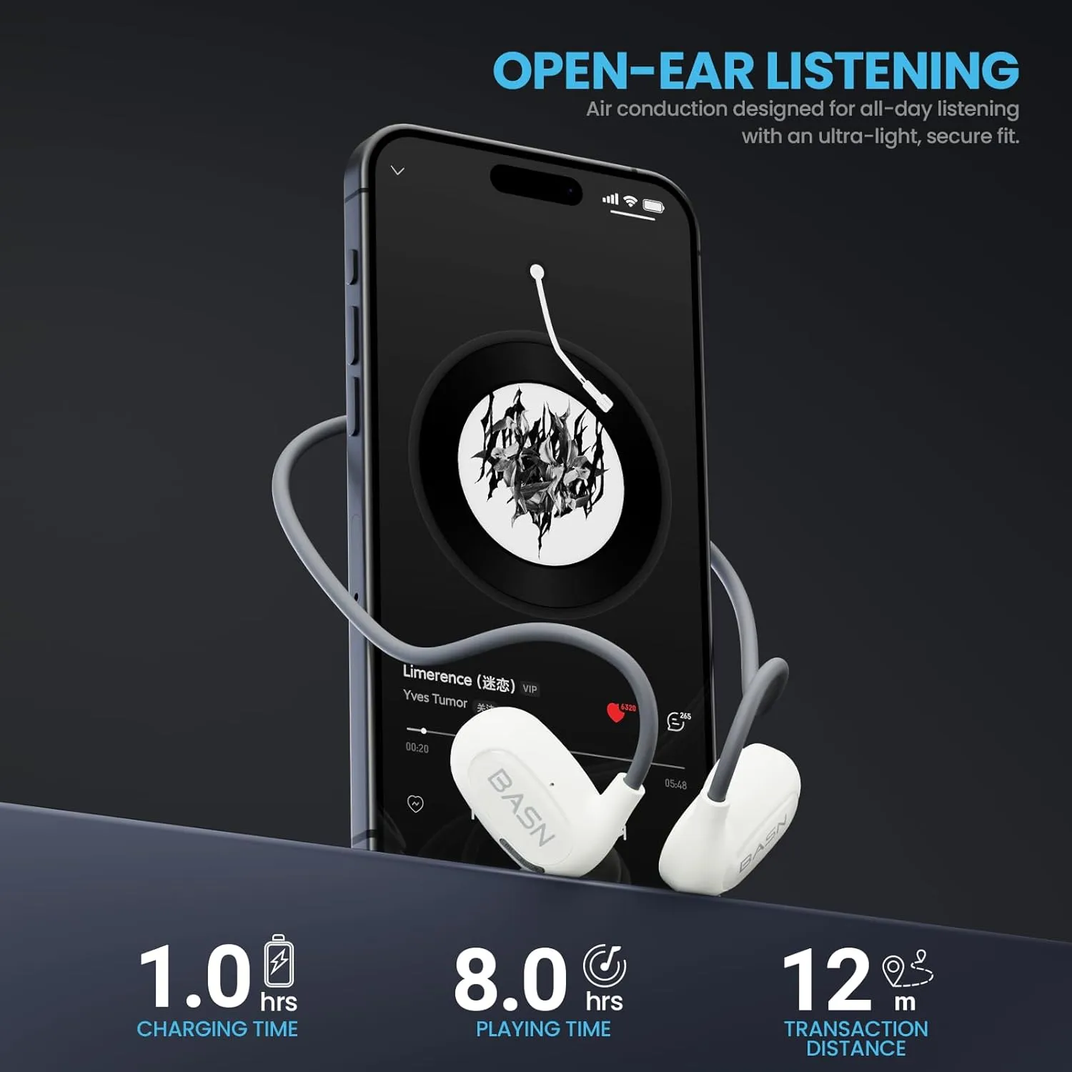 BASN AirS1 Air Conduction Headphones, Wireless Bluetooth 5.3 with IPX5 Waterproof, 16.2mm Driver ENC Open Ear Sport Headphones for Cycling Running Swimming Exercise Travel (White)